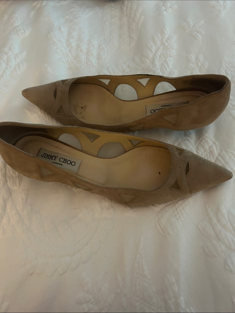Jimmy Choo Taupe Pointed Toe Cutout Suede Flats
